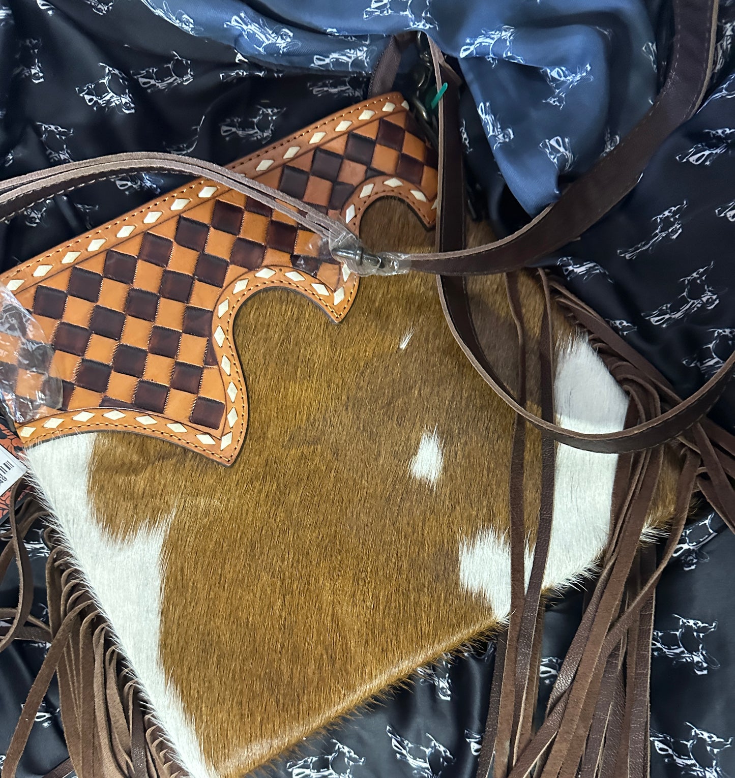 WL Brown Hide Check Hide with Fringe Crossbody