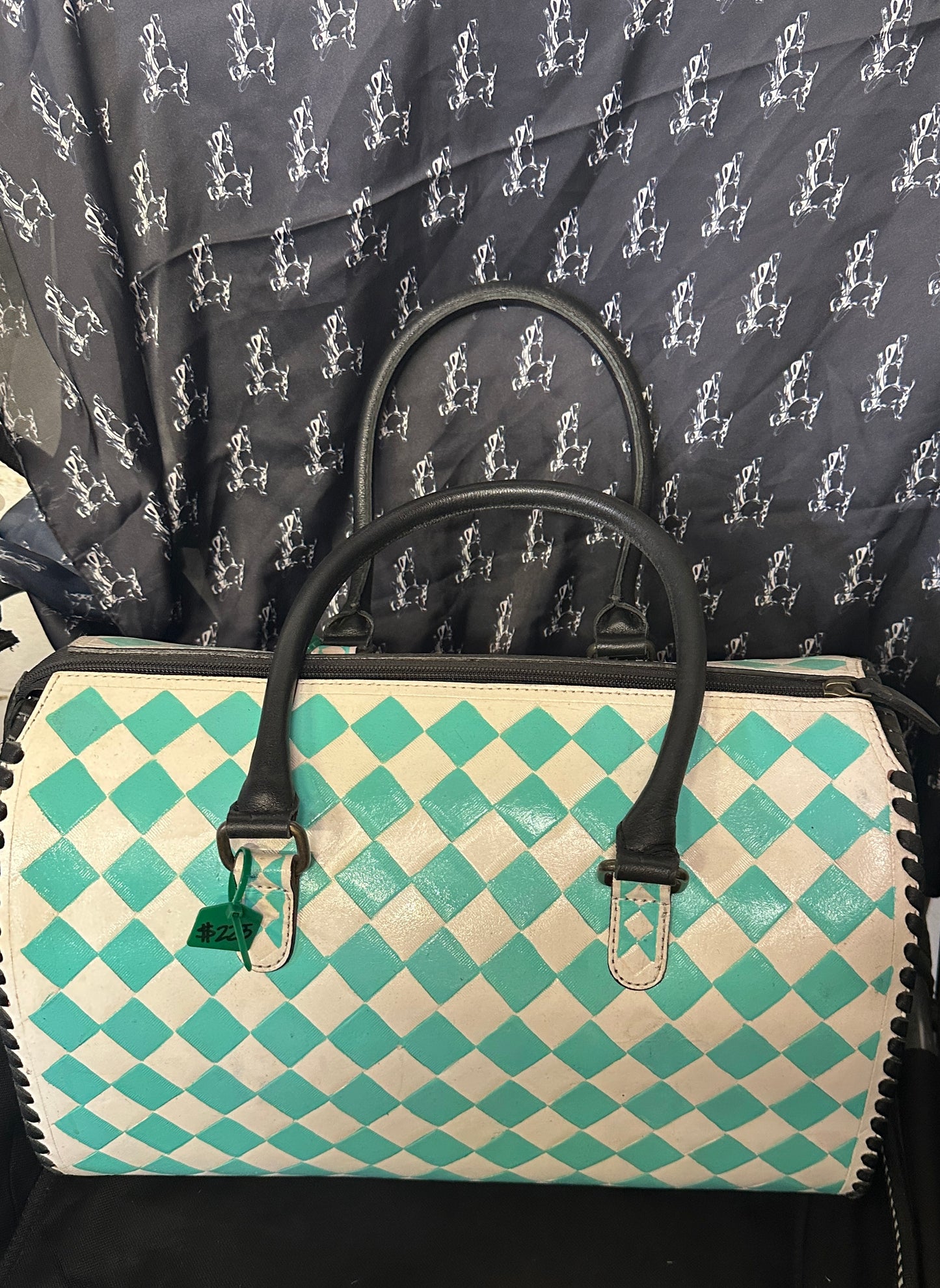WL Large Speedy Turquoise and White Check Purse