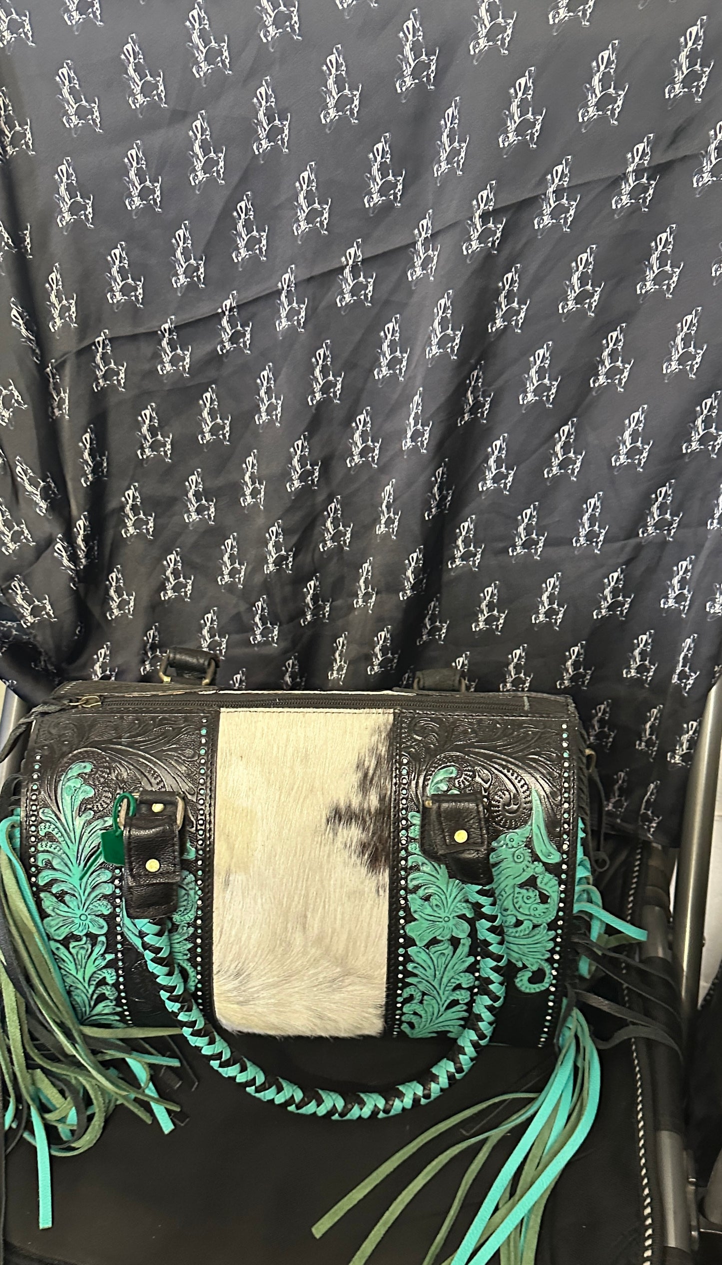 WL Medium Speedy with Turquoise and Black Tool Hide with Fringe Purse