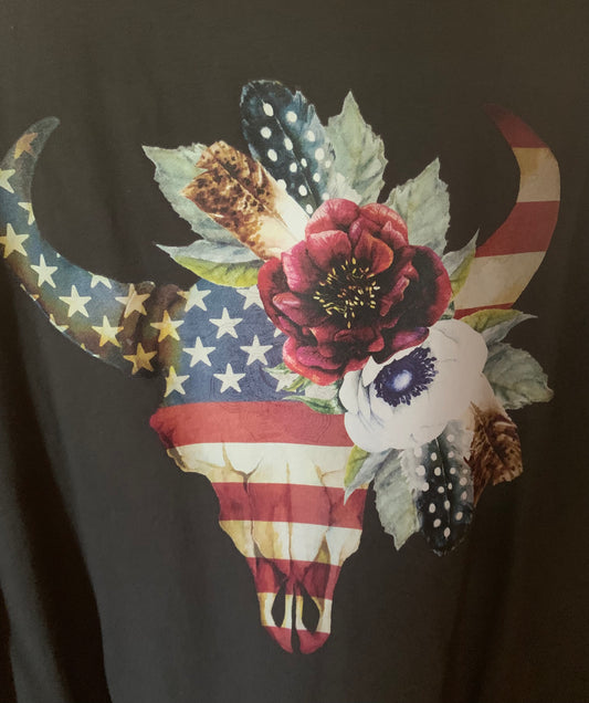 American Flag Bull Skull Tee